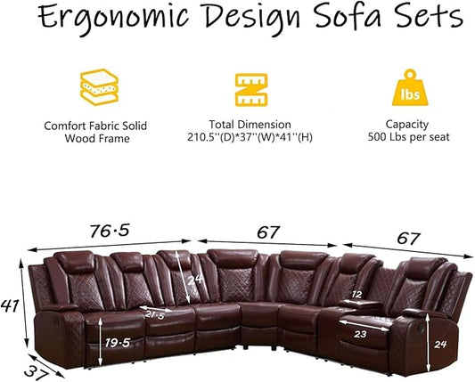 Breathing Leather Power Recliner Sectional Set, L Shaped Couch and Recliner Set with LED Light/Cup Holders/USB Port, Reclining Sectional Sofa 7 Seat for Living Room Home Theater (Wind Red)