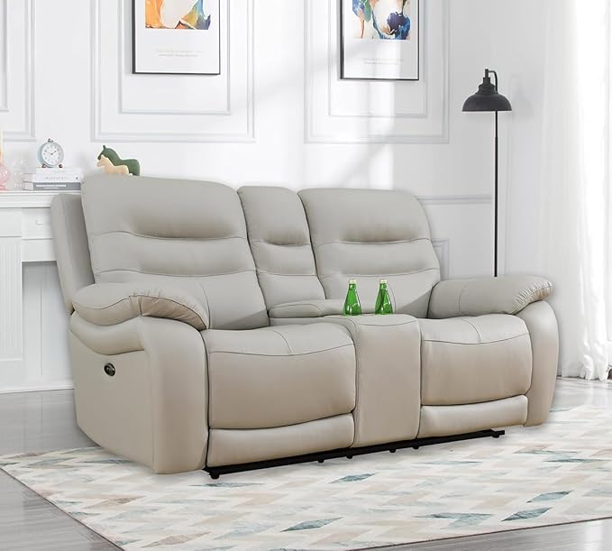 Power Reclining Sofa Set, Genuine Leather Recliner Sofa Set,Living Room Furniture Setwith USB Charging and LED Lights,for Living Room/Apartment/Office/Home Theather,Light Grey,L