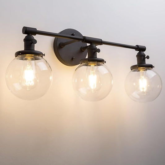 PERMO Vintage Wall Sconce Antique 3 Lights Modern Vanity Light Over Mirror Sconce with 5.9" Round Clear Glass Globe Shade (Black)