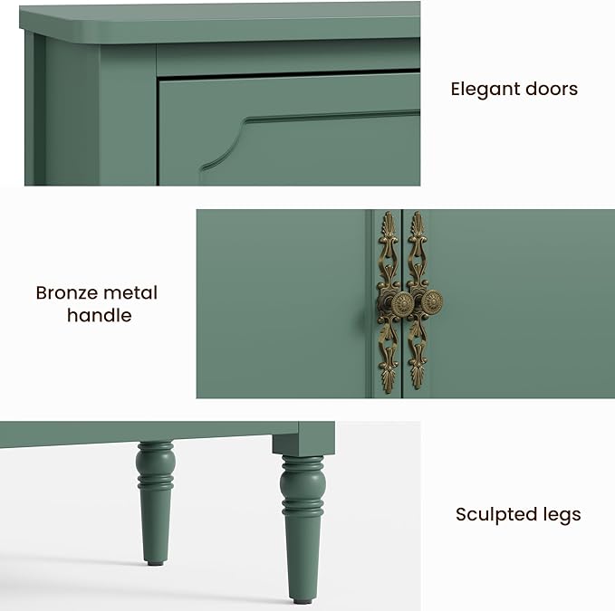 RoyalCraft Buffet Sideboard with 3 Doors, Mid-Century Sideboard Cabinet with Adjustable Shelves, Wood Buffet Cabinet with Turned Legs, Accent Cabinets for Entryway, Living Room, Dining Room, Green