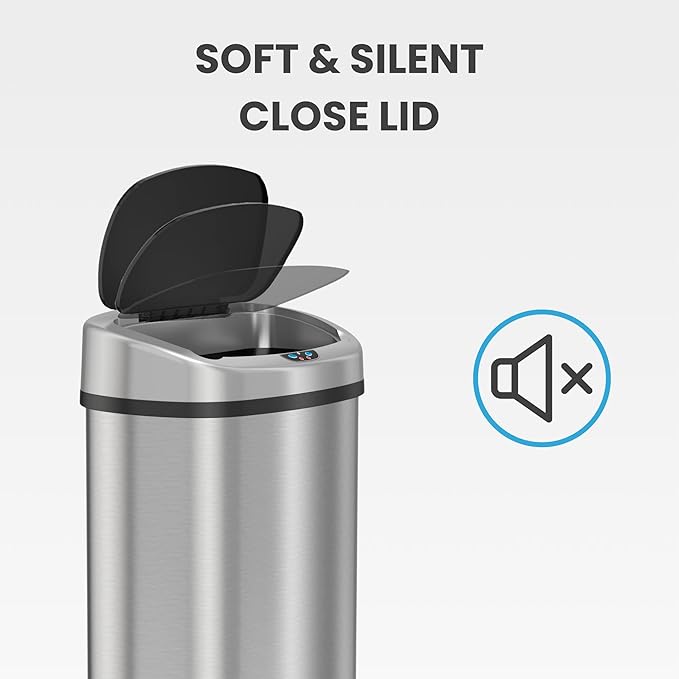 iTouchless 13 Gallon Oval Sensor Trash Can with Odor Filter, Fingerprint-Proof Stainless Steel, 50 Liter Automatic Kitchen Garbage Bin, Smart Hands-Free Motion Lid, Quiet Soft-Close, Brushed Silver