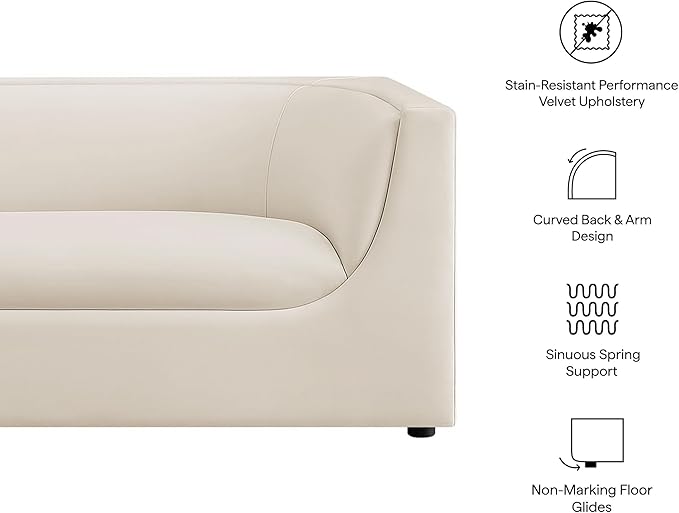 Modway Hilda 86 Inch Modern Curved Back Performance Velvet Sofa in Alabaster – Plush Upholstered 3-Seat Couch for Living Room, Apartment, Office