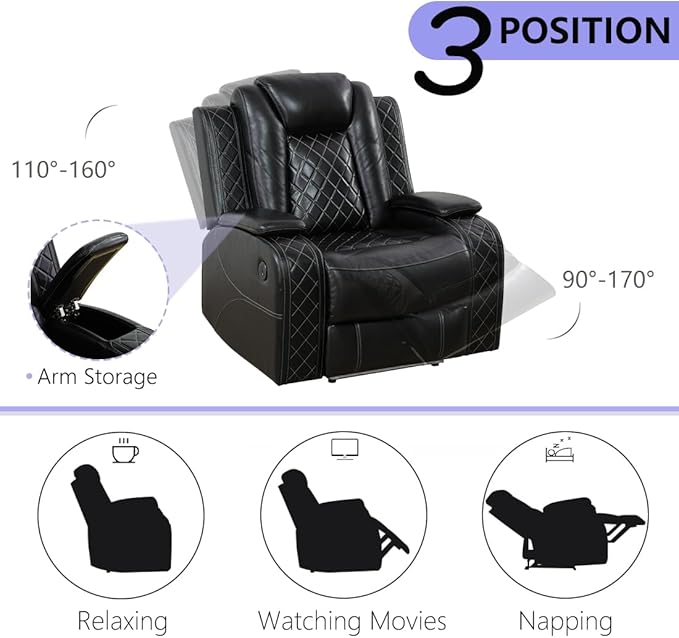 Power Recliner Loveseat, Living Room Furniture Sets, Breathing Leather Reclining Sofa Loveseat, 2 Seater Black Reclining Couch with Cup Holders/Storage/Charging for Living Room/Office, Black