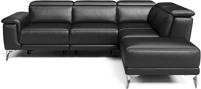 Valencia Pista Leather Reclining Sectional Sofa with Right Hand Chaise - Italian Nappa 11000 Top Grain Leather Couch - Power Reclining Seat with Leggett Adjustable Headrests - Black