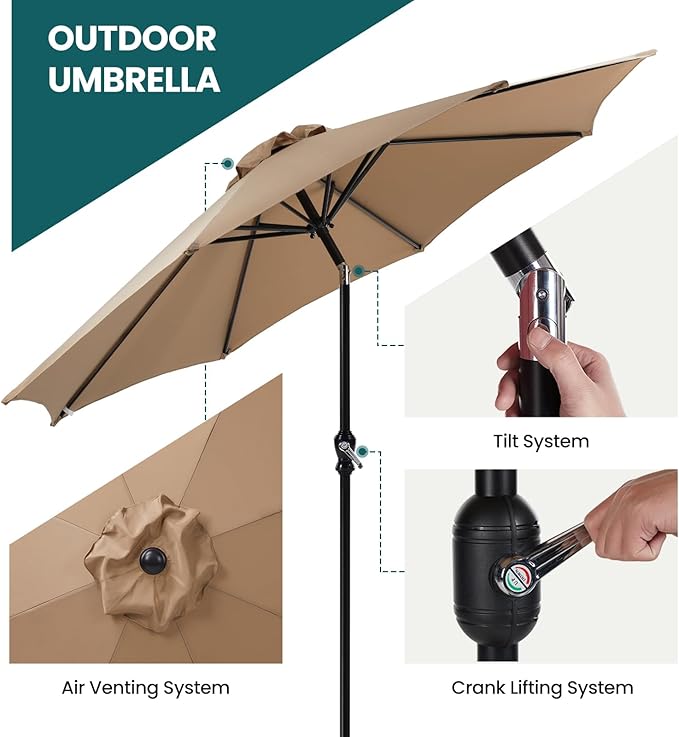 OLIXIS Patio Umbrella with Tilt and Crank Button & Sturdy Ribs Waterproof, Patio Table Umbrella Perfect for Poolside, Terrace, Beach and Outdoor Restaurant