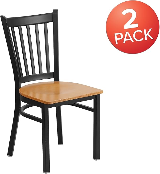 Flash Furniture 2 Pack HERCULES Series Black Vertical Back Metal Restaurant Chair - Natural Wood Seat