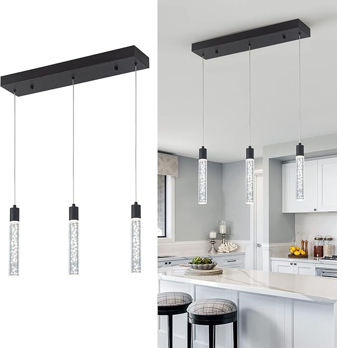3 Pendant Lights Kitchen Island Modern Pendant Light with Adjustable Height - Clear Cylinder Island Lights, 3000-6000K Dimmable Kitchen Pendant Lighting for, Dining Room, Bar Counter