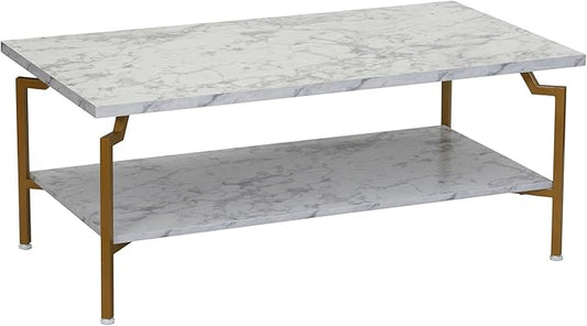 Household Essentials Crown Rectangular Coffee Table with Storage Shelf White Marble and Gold Metal