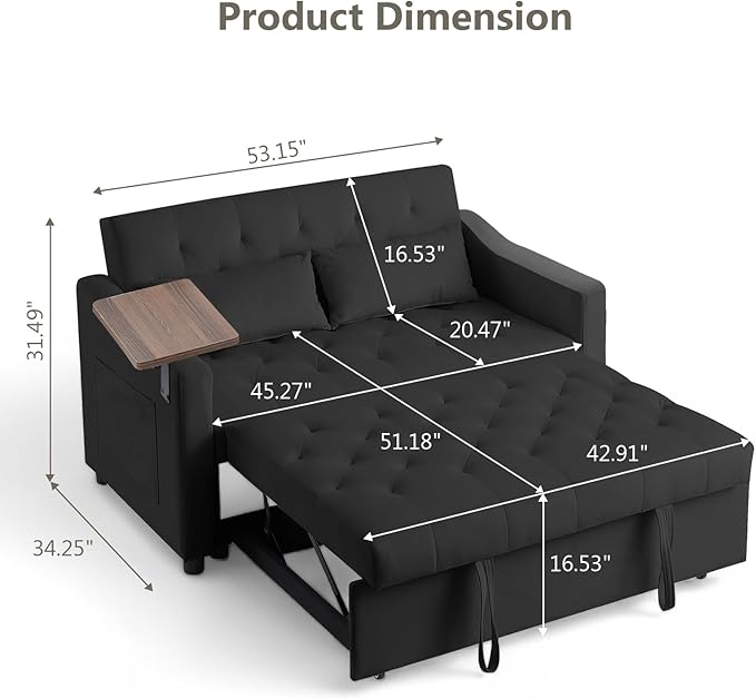 Yafylly 3 in 1 Loveseat Sofa, 3-Level Adjustable Backrest Convertible Sleeper, Pull Out Couch Bed with 360° Rotating Side Table for Bedroom, Apartment, Black