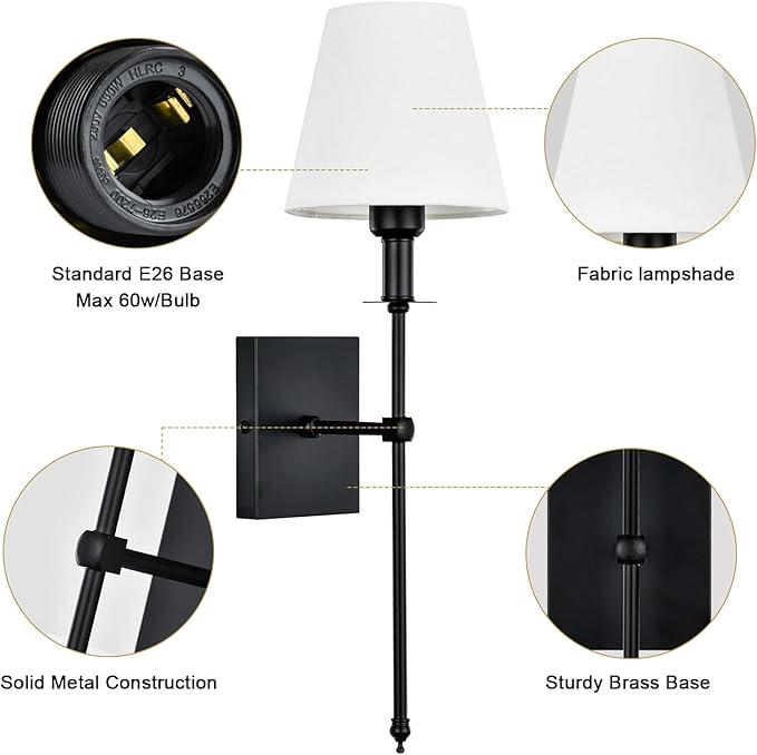Pauwer Slim Wall Sconce Set of 2 White Fabric Shades Wall Sconce Hardwired Indoor Wall Light Column Stand Bedroom Wall Lamps Bathroom Vanity Light Fixture, Black