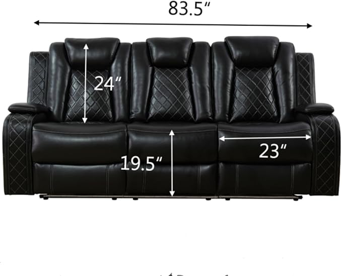 Breathing Leather Power Reclining Sofa, Living Room Furniture with 2 Recliners, 3 Seater Leather Couch with Flip-Down Table/USB Charging for Office/Home Theater (Black, 3-Seat Sofa)