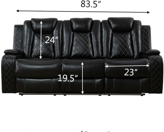 Breathing Leather Power Reclining Sofa, Living Room Furniture with 2 Recliners, 3 Seater Leather Couch with Flip-Down Table/USB Charging for Office/Home Theater (Black, 3-Seat Sofa)