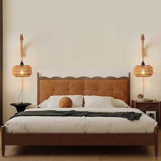 Plug in Wall Sconce,Farmhouse Wicker Wall Lamp Plug in,Hand Woven Rattan Wall Light Farmhouse Rustic Boho Sconces Wall Lighting for Living Room Bedroom