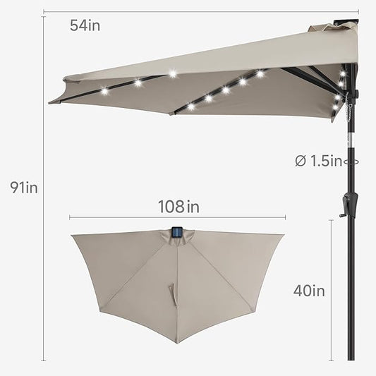 9ft Solar Half Umbrellas Outdoor - LED Half Patio Umbrella with 25 Lights, UV Protection Waterprool, Half Round Umbrella for Wall Balcony, Pool, Porch, Garden, Deck, Backyard, Taupe