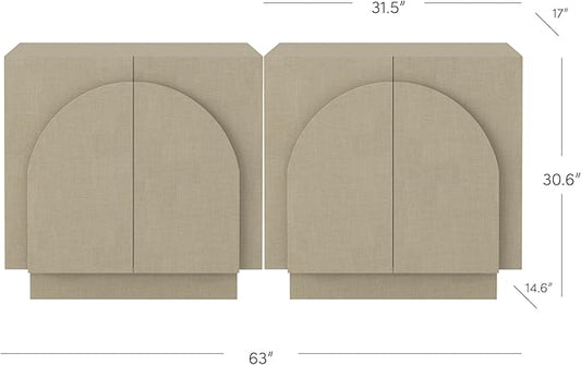 Nathan James Iris Mid Century Modern Arched Curio Cabinet with Beige Linen Finish, Wooden Storage Cabinet with Doors Set of 2