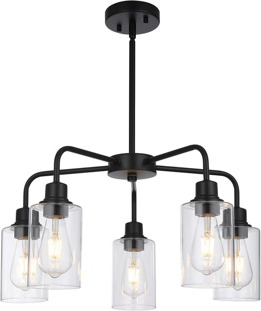 5-Light Modern Black Chandelier with Clear Glass Shades, E26 Base Farmhouse Pendant Light Fixture, Adjustable Swivel Heads Ceiling Lighting, Industrial Chandelier for Dining Room Kitchen Hallway