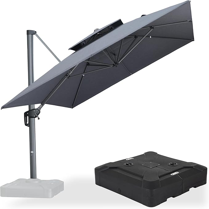 PURPLE LEAF Cantilever Umbrella with Base Included 10' X 13' Outdoor Patio Rectangular Umbrella with Double Top Large Heavy Duty 360° Rotation Offset for Deck Backyard Pool Cast Slate
