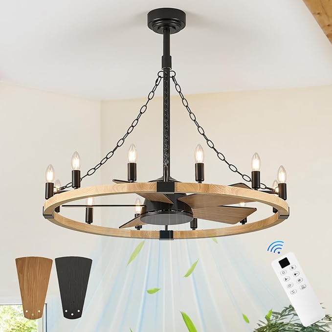 Natural Farmhouse Wood Wagon Wheel Chandelier Fans with 12 Lights and Remote, Rustic Wooden Ceiling Fan Light 36in Fandelier for Bedroom Dining Room Kitchen Living Room