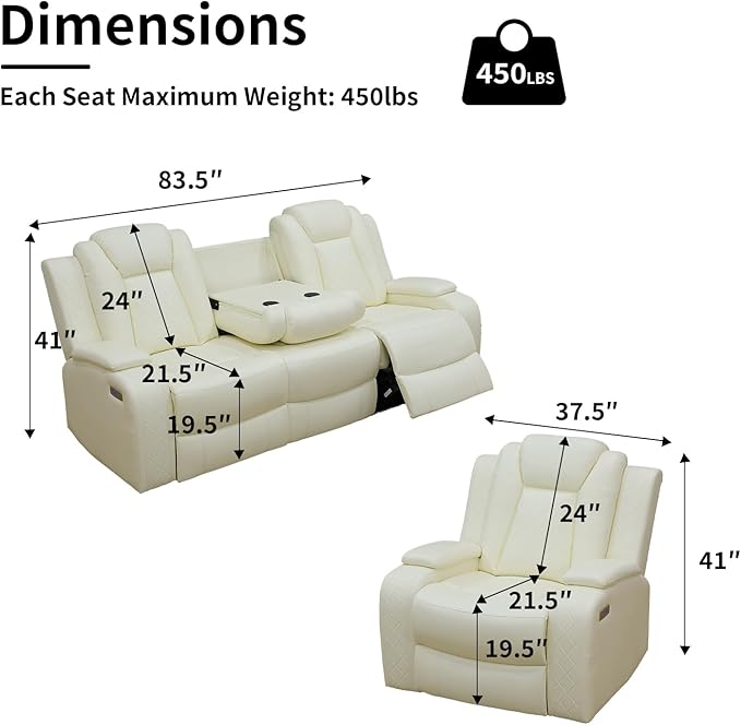 Power Leather Recliner Sofa Set with LED Light,Reclining Sofa and Chair Set with USB,Leather Couch Set for 3 Seater Couch with Coffee Table/Single Recliner 2 PCS for Living Room(White,3+1)