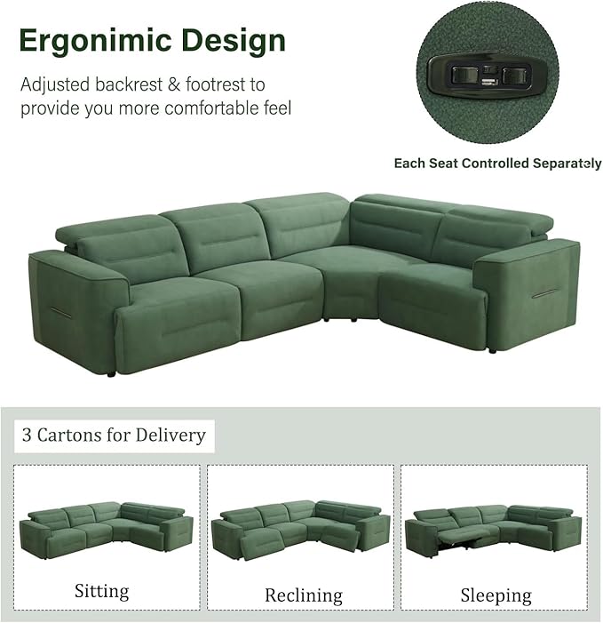 Power Recliner Sectional Couch, Flannel Living Room Furniture Set, Reclining Corner Sectional Sofa with USB Ports for Home/Office (Green, 4 Seater Couch)