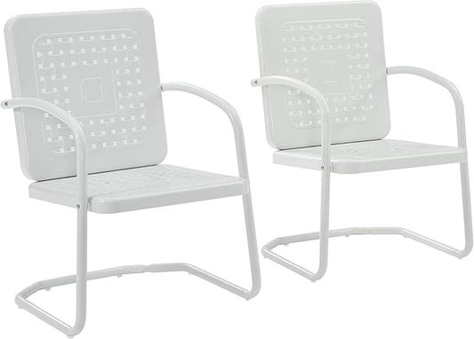 Crosley Furniture Bates 2-Piece Outdoor Chair Set, Retro Metal Patio Chairs for Dining, Porch, Deck, Balcony, White Gloss