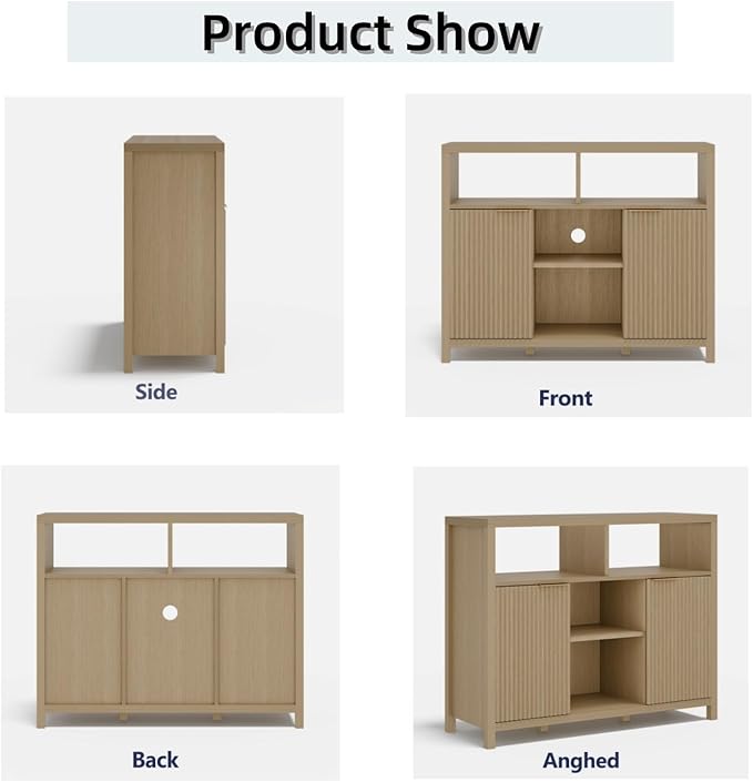FONTOI Sideboard Buffet Cabinet, Thicken Wood Storage Cabinet with 4 Large Open Shelf, Farmhouse Credenzas with 2 Fluted Doors, Modern Accent Buffet Credenzas for Living Room, Entryway, Natural