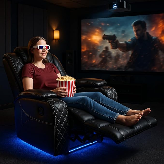 Power Recliner Chair with LED Lights & USB-C Port, Black Leather Electric Lounge Chair