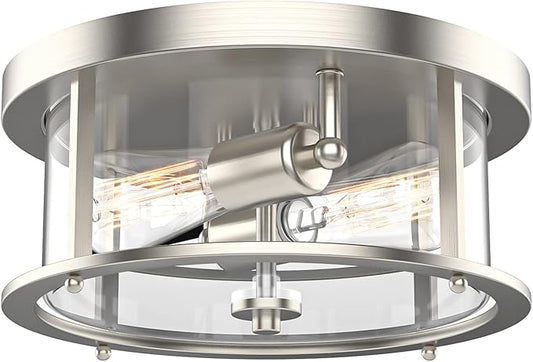 EAPUDUN Flush Mount Ceiling Light Fixtures, 12inch 2-Light Farmhouse Close to Ceiling Light Fixture with Clear Glass Shade, Brushed Nickel Finish for Porch, Entryway, Bedroom, FMA1413-BNK