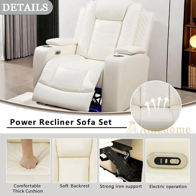 A Ainehome Power Leather Recliner Sofa Set with LED Lights, Recliner Sofa Sectional Couches for Living Room, Reclining Sofa and loveseat with USB Port/Storage Console(Creamy White,Chair)