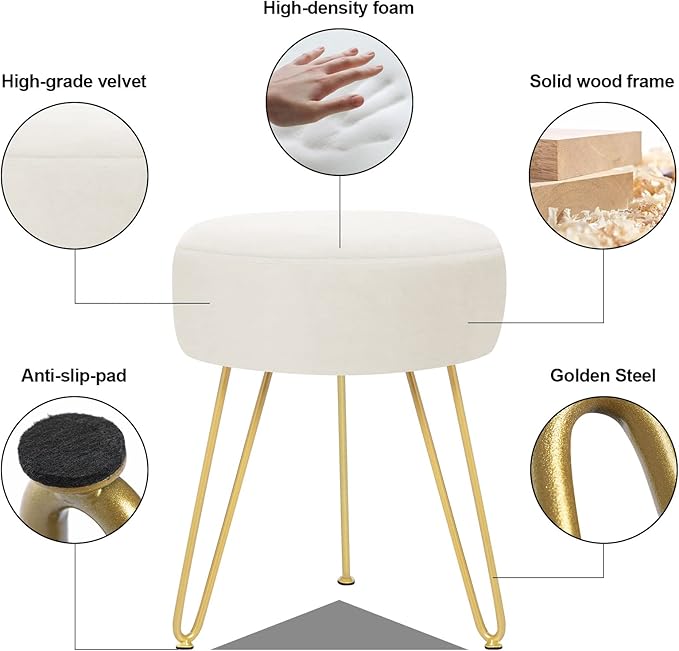 Velvet Soft Modern Vanity Footstool -Round Footrest Stool Ottoman Side Table Seat Dressing with Golden Metal Leg and Sponge Filling,Upholstered Foot Rest,Living Room and Bedroom （Beige）