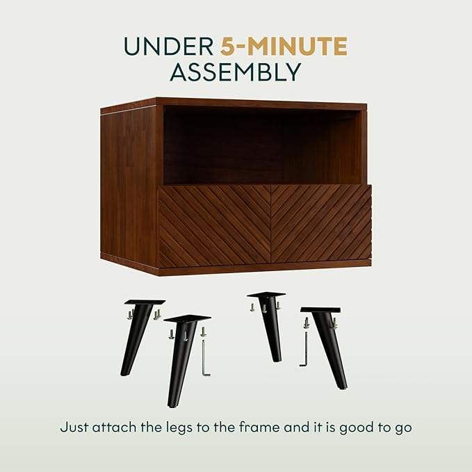 Bme Rhombus Wooden Nightstand with Storage Drawer – Solid Rubber Wood, Geometric Rhombus Pattern Front, Modern Scandinavian Side Table with Metal Base for Bedroom