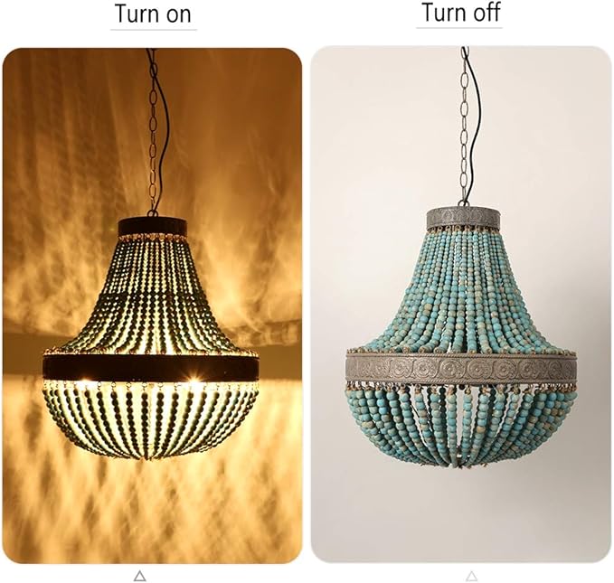 Newrays Wood Bead Chandelier Pendant Gray Blue Finishing Bohemian Boho Beachy Ceiling Lamp Light Fixtures (19.88 in*21.65 in)