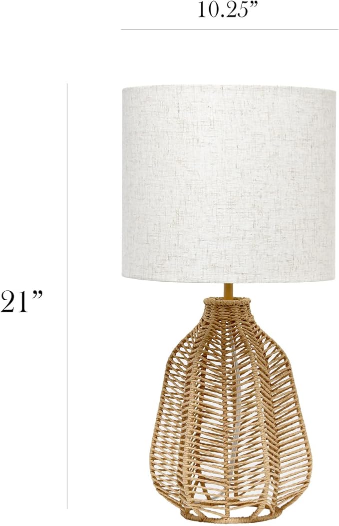 Elegant Designs LT2106-NAT 21" Tall Boho Coastal Inspired Rustic Paper Rope Rattan Wicker Look Standard Table Desk Nightstand Lamp with Light Beige Fabric Linen Shade, Natural