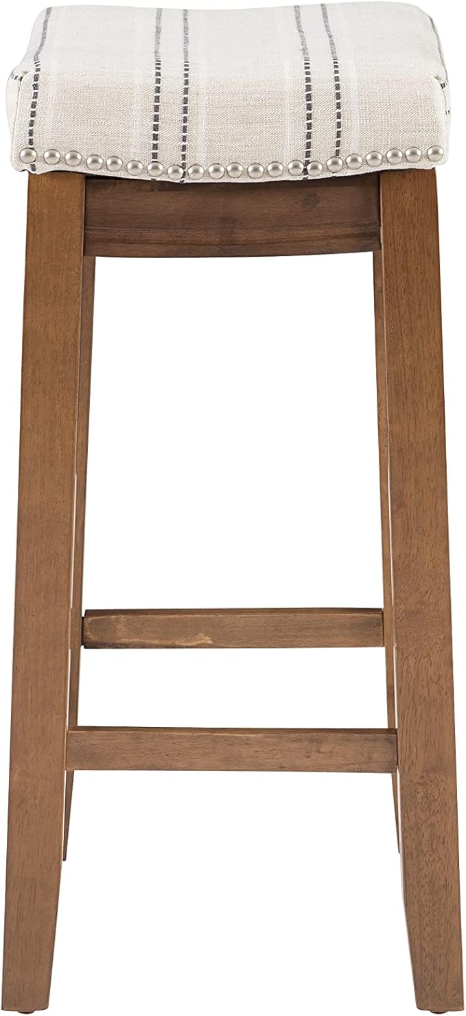 Linon Kingston Natural Wood with Upholstered Linen seat 24 Inch Seat Height Backless Counter Stool