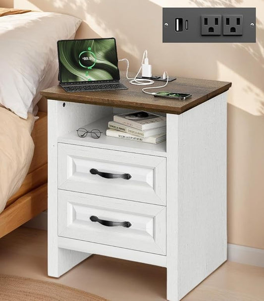 Marsail Farmhouse Nightstand with Charging Station, Bedside Table with 2 Drawers Storage and Open Shelf, Bedside Cabinet for Bedroom, Rustic Side Table, Two-Tone Finish