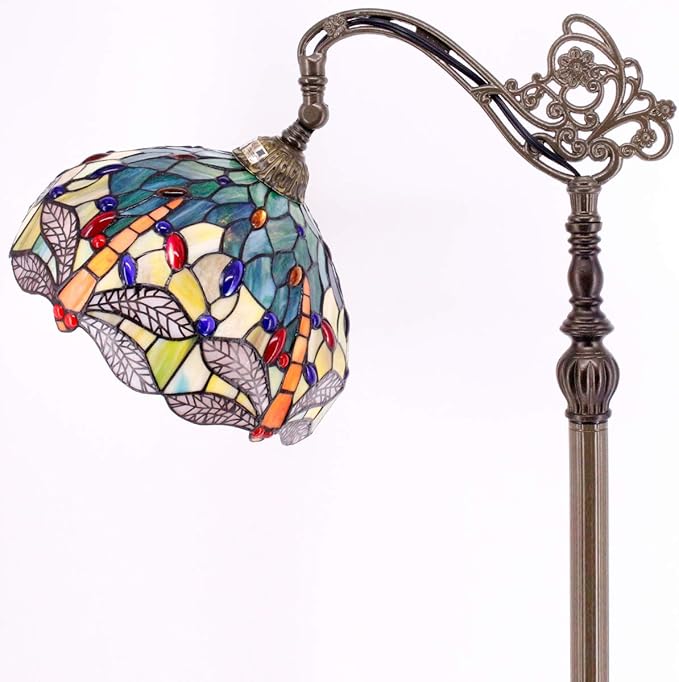 WERFACTORY Tiffany Floor Lamp Sea Blue Yellow Stained Glass Dragonfly Arch Lamp 12X18X64 Inch Gooseneck Adjustable Corner Stand Reading Light Decor Bedroom Living Room S128 Series