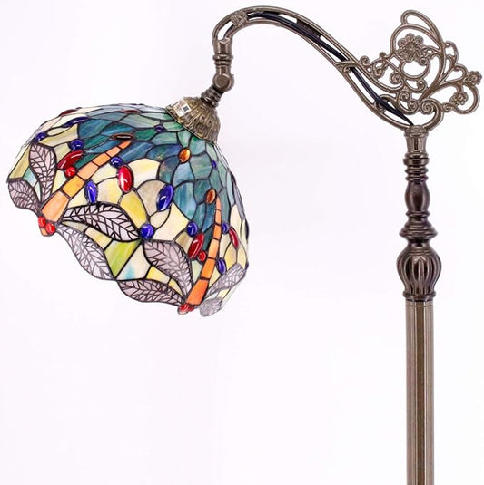 WERFACTORY Tiffany Floor Lamp Sea Blue Yellow Stained Glass Dragonfly Arch Lamp 12X18X64 Inch Gooseneck Adjustable Corner Stand Reading Light Decor Bedroom Living Room S128 Series