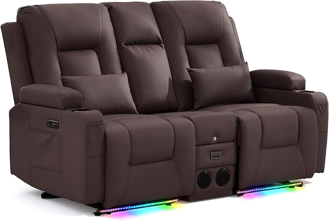 URRED Power Loveseat Recliner Sofa with Console, Wall Hugger Reclining Loveseat RV Couch with LED Light, 150° Zero Gravity Recliners Modular Couches for Living Room (Dark Brown, 68.1'' - 2 Seats)