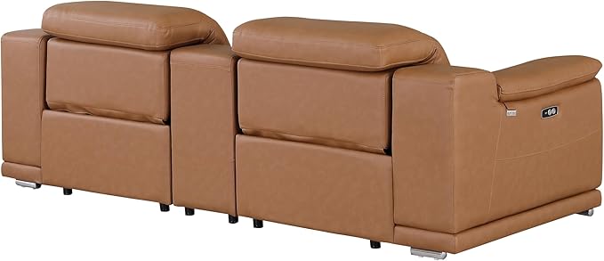 BlackJack Furniture Venice Top Grain Italian Leather Power Recline Loveseat Sofa - 93" Theater Seating Modern Couch for Living Room Apartment Lounge Home with Adjustable Headrests & USB Port, Cognac