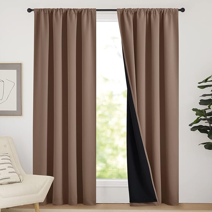 NICETOWN Cold Reducing Curtains, Full Blackout Curtains Thermal, Noise Reduction and Privacy Curtains for Patio Door, Black Lined Blackout Drapes with Rod Pocket, Cappuccino, 1 Pair, W52 x L84