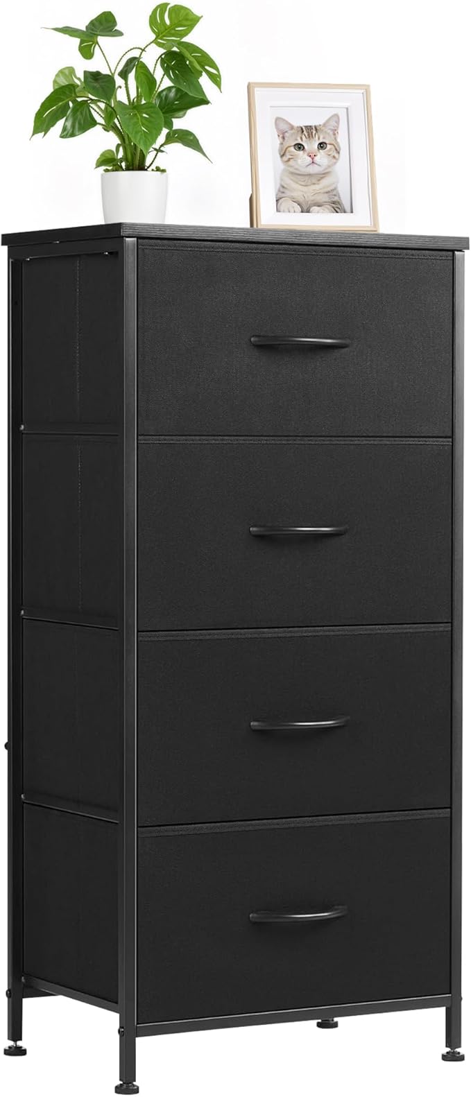 Nightstand with 4 Fabric Drawers, 37.4" H Tall Narrow Bedside Table with Wooden Top Steel Frame for Bedroom, Dorm, Closet, Living Room, Black