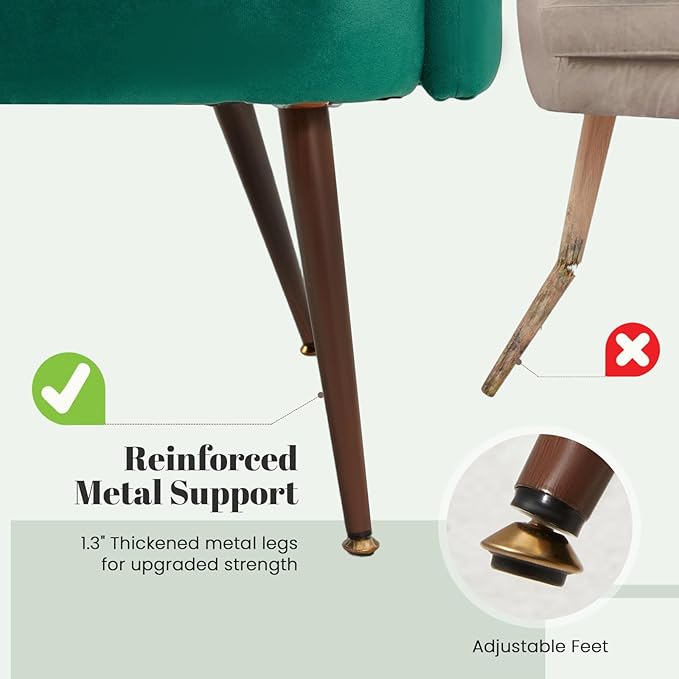 HOMREST Velvet Vanity Chair with Back,Mid-Century Modern Small Accent Chair for Living Room,Petal Backrest Decorative Chair,Pillow & Metal Legs-Plush Lounge Chair for Vanity,Living Room,Bedroom-Green