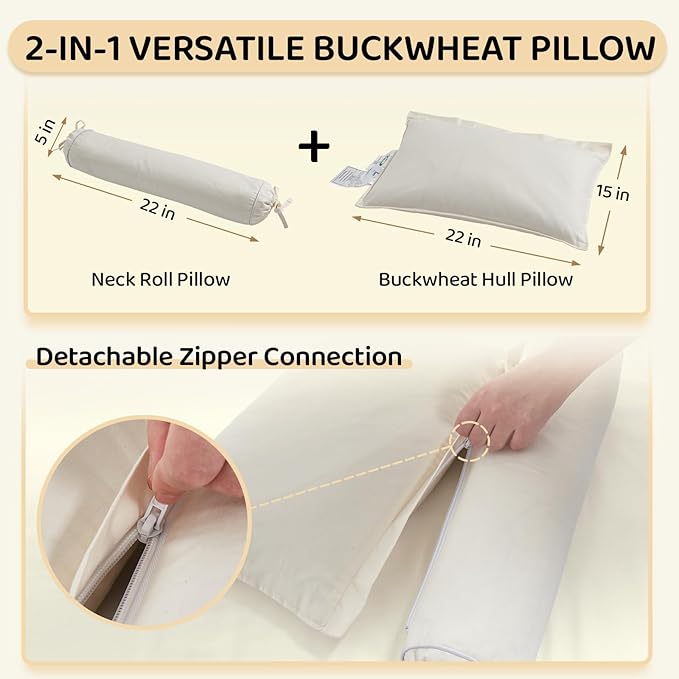 Buckwheat Pillow - 3 Point Support Buckwheat Hull Pillow for Less Pain, 2IN1 Tartary Buckwheat Neck Roll Pillow for Best Support, Adjustable Cervical Neck Pillow with Organic Cotton Pillowcase