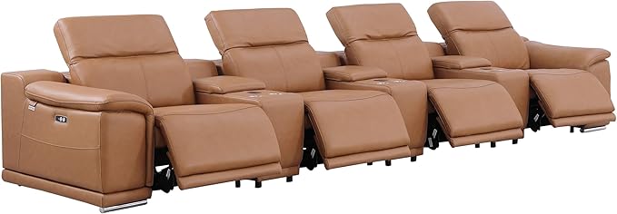 Blackjack Furniture Venice Top Grain Italian Leather Power Recline 7 Piece 4 Seater Sofa - 175" Theater Seating Modern Couch for Living Room Apartment with Adjustable Headrests & USB Port, Cognac