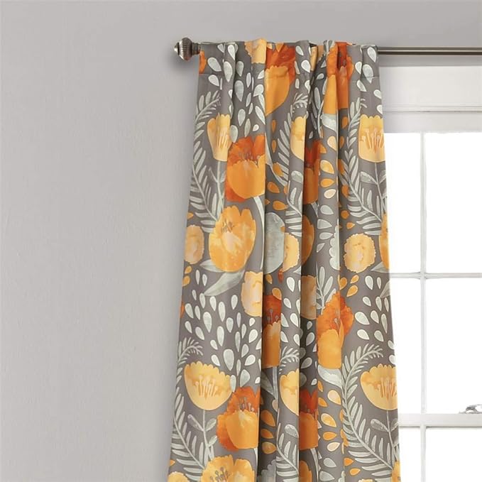 Lush Decor x 52” Yellow and Gray Poppy Garden Curtains Light Filtering Window Set for Living, Dining, Bedroom, 95 in L Panel Pair, Yellow & Gray