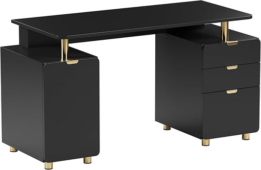 Elegant 56.75" W Executive Desk with 3 Drawers and Storage Cabinet, Modern Office Desk with Gold Accents, Floating Work Surface, Closed Storage with Ventilation & Adjustable Shelf (Black,Gold)