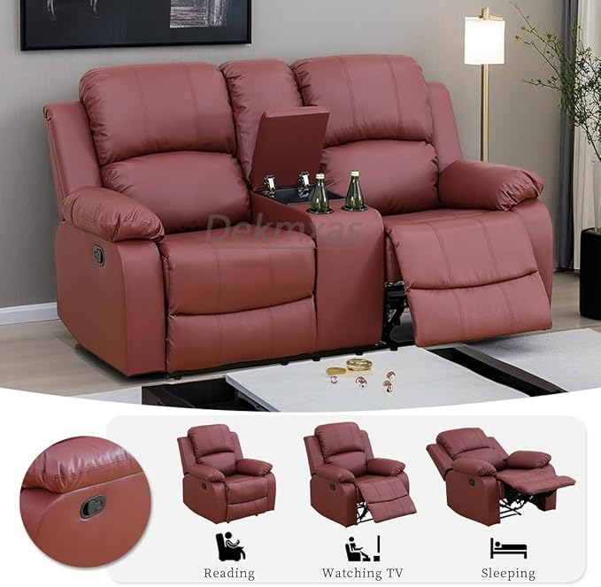 Modern Recliner Loveseat Vegan Leather Reclining Couch 2 Seater Manual Recliner Sofa Living Room Couch with Cup Holders & Storage Console for Home Theater/Office/Rv Car (Red, Loveseat)
