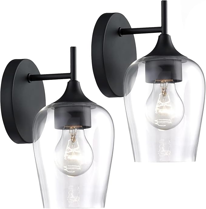Hamilyeah Black Wall Sconces Set of Two, Farmhouse Sconces Wall Lighting Hardwired, Bathroom Vanity Lighting with Clear Champagne Glass Shade, Indoor Wall Lamp for Kitchen Stairway Living Room