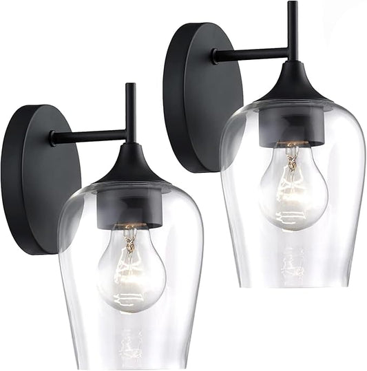 Hamilyeah Black Wall Sconces Set of Two, Farmhouse Sconces Wall Lighting Hardwired, Bathroom Vanity Lighting with Clear Champagne Glass Shade, Indoor Wall Lamp for Kitchen Stairway Living Room