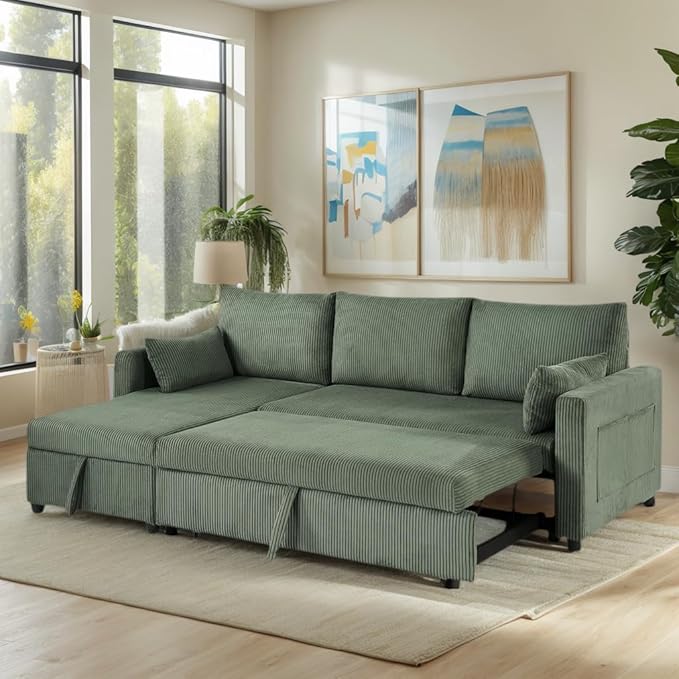 Sectional Sleeper Sofa with Pull Out Bed, LShape Convertible Sofa Bed Couch with Storage Chaise, 3 in 1 Pull Out Sofa Bed with 3 Seats, for Living Room,Apartment, Green, 85Inch